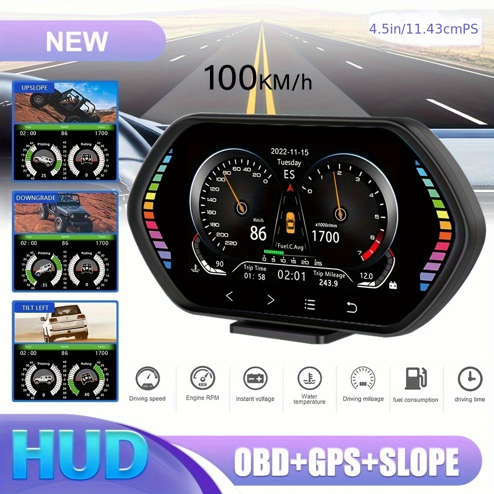 OBD2 + GPS + チルトメーター 3-in-1 IPS HUD  ヘッドアップディスプレイメーター、車のデジタルスピードメーター、水と油の温度アラーム