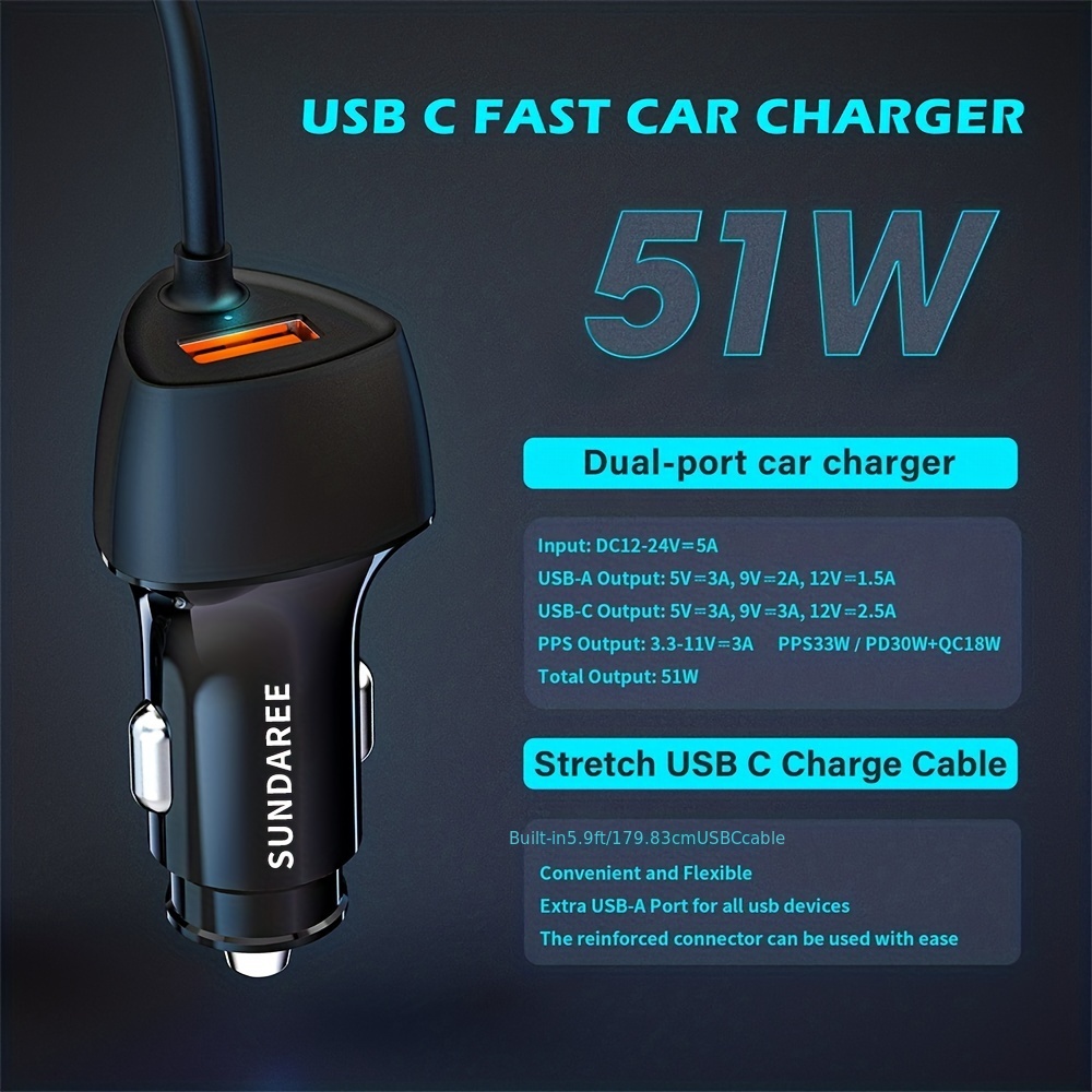  SUNDAREE Car Charger with Plug Outlet, 51W USB Car
