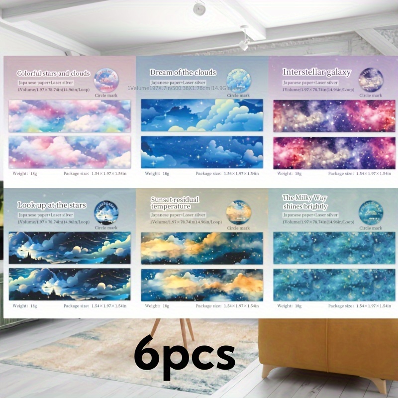 TEMU Ensemble de 6 bandes de washi laser sur le thème du ciel étoilé - pour le fond de bullet journal, la création de mobiles, de vœux, les