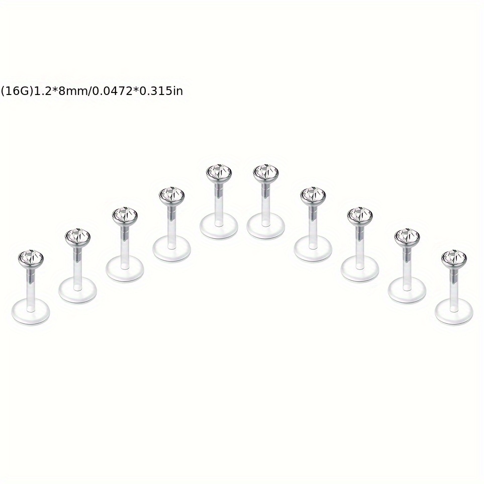 Image of 10pcs 16g Soft Lip Studs, Ear Cartilage Piercings, 6/8/10mm Straight Barbells Body Jewelry, Featuring Synthetic Zirconia, Suitable For Women And Men, Daily And Party Wear