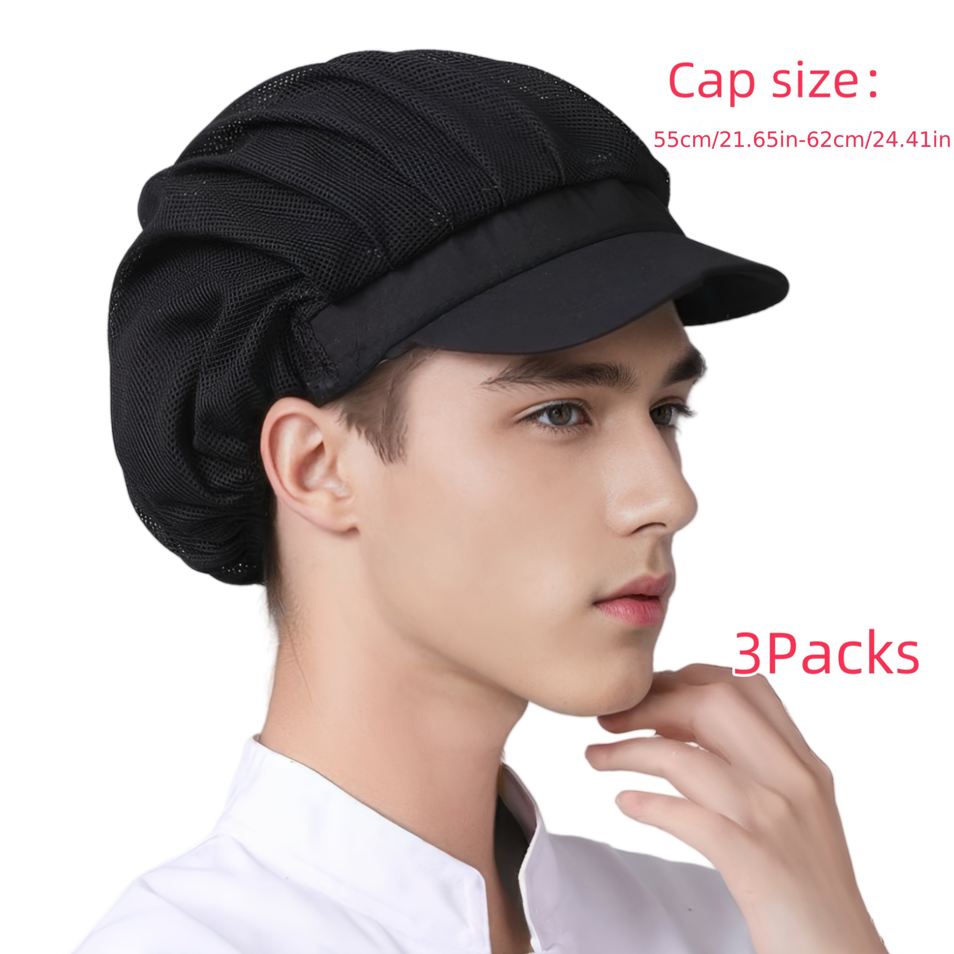 TEMU 3pcs 흰색 통기성 주방 요리사 모자 - 폴리에스터, 조절 가능한 버클 클로저, 베이킹 및 식품 서비스에 적합, 식품 서비스 모자|전문적인 외관|폴리에스터 모자