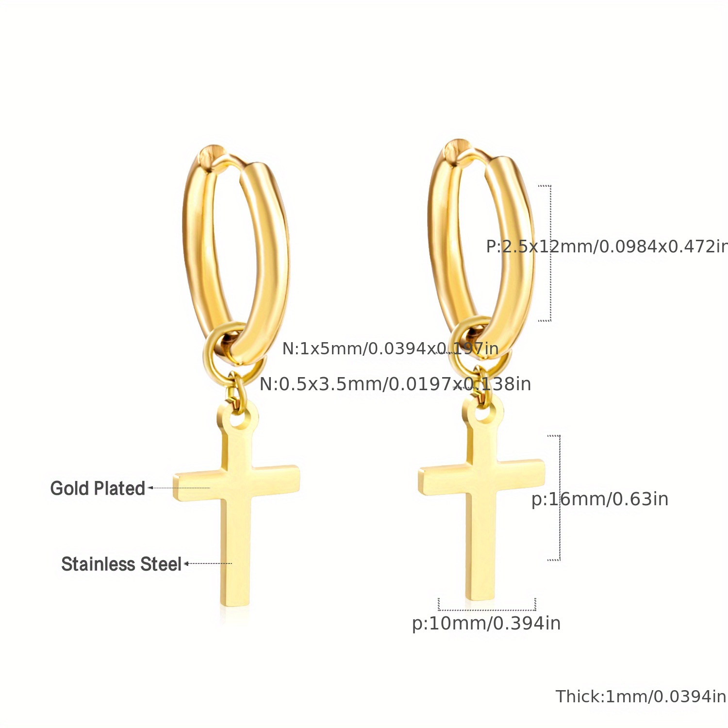 Golden Glossy Cross Decor Hoop Earrings, 18K Plated