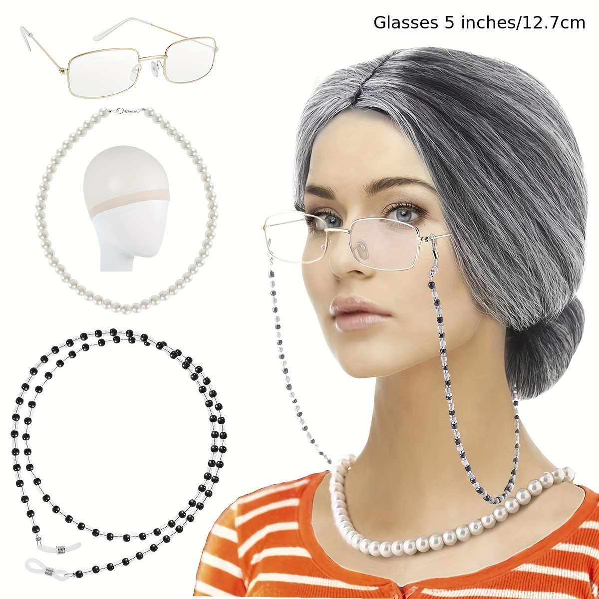 Costume de vieille dame avec perruque de grand-mère, châle de grand-mère,  lunettes de canne gonflable avec JOFaux, collier de perles, bracelet,  boucles d'oreilles, 7 pièces - AliExpress