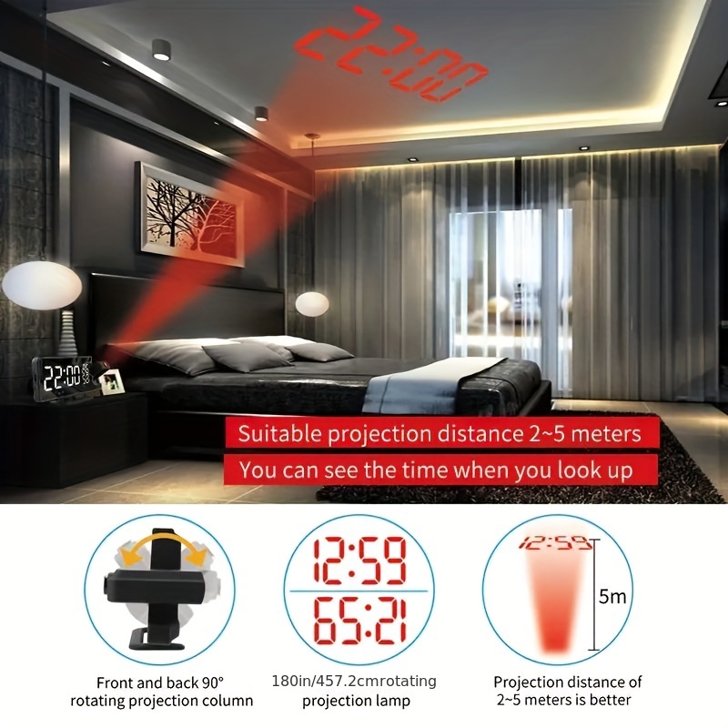 Reloj despertador de proyección para dormitorios, reloj digital de 7  pulgadas con proyector de 180°, atenuador de brillo de 5 niveles, cargador  USB