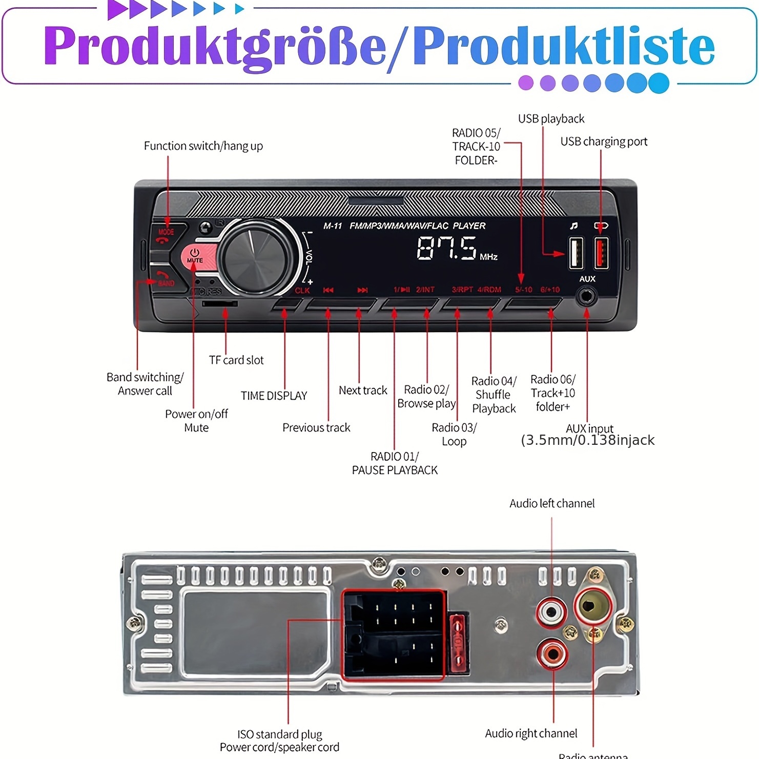 Universal 1 DIN 12V In-Dash Autoradio Audio Player Eingebaute 2  Lautsprecher Stereo FM Unterstützung Bluetooth W