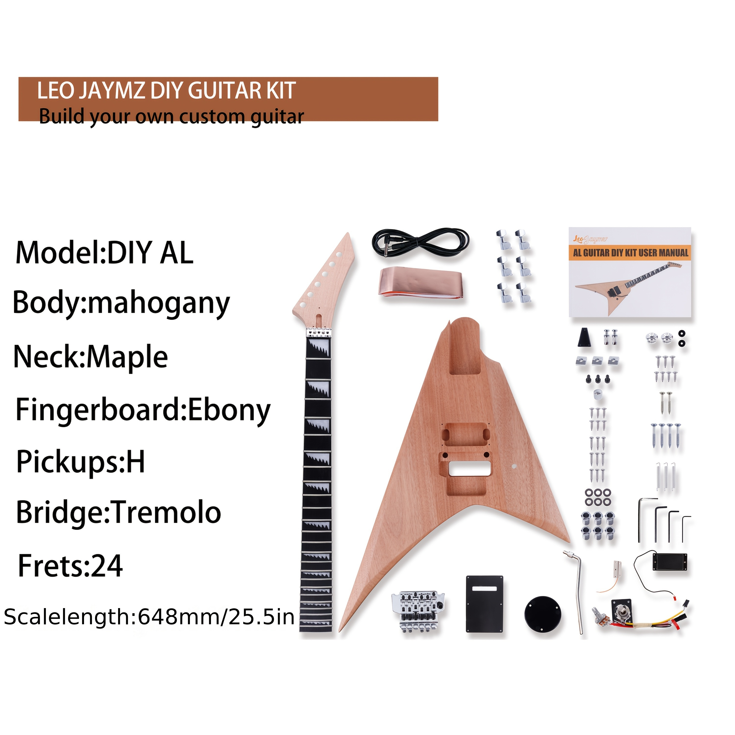 Leo Jaymz DIY Electric Guitar Kit - Mahogany Body, Ebony Fretboard, 1pc S-H Pickup Configuration - Fixed Bridge, Fully Enclosed Tuning Pegs, 21 Frets, Maple Neck, Room Electrical Wiring