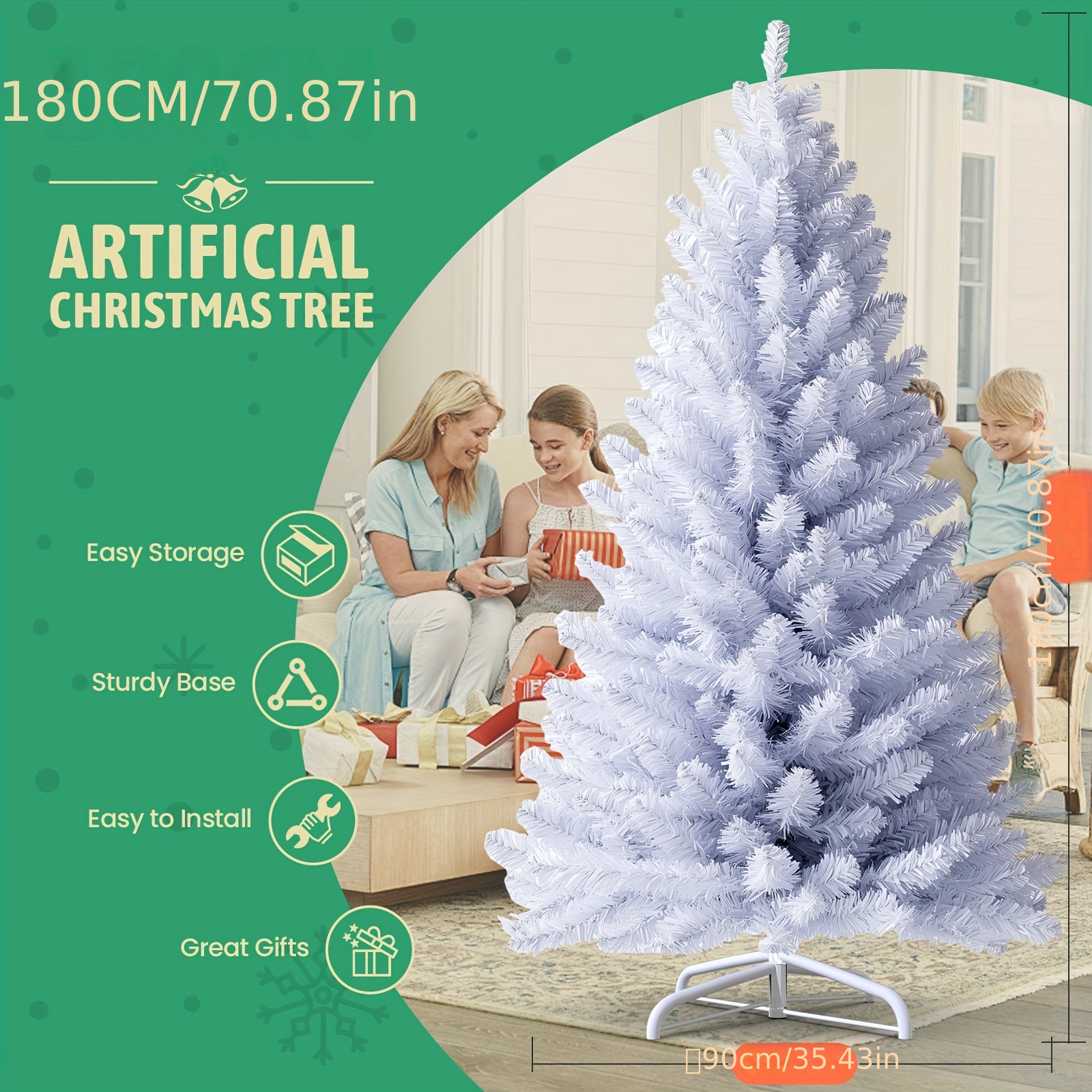 TEMU Arbre de Noël artificiel en PVC, sapin artificiel, arbre de Noël vert avec support en métal pour décoration intérieure, 120/150/180/210/240 cm