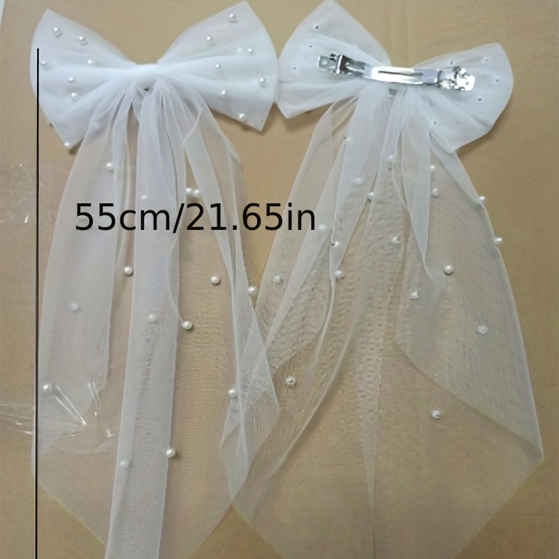 Tulle Pearl Hair Bow - White