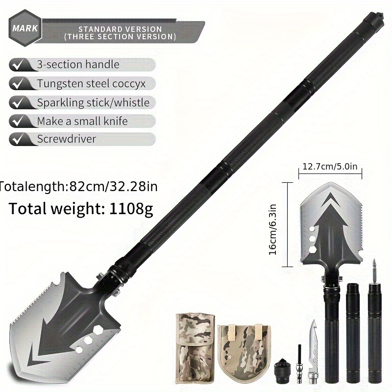 TEMU Folding Camping Shovel, Shovel With Bag, Trenching Tool, , Used For Off-road, Exploration, Hiking, Gardening, Snow, Trenching, Car Emergency