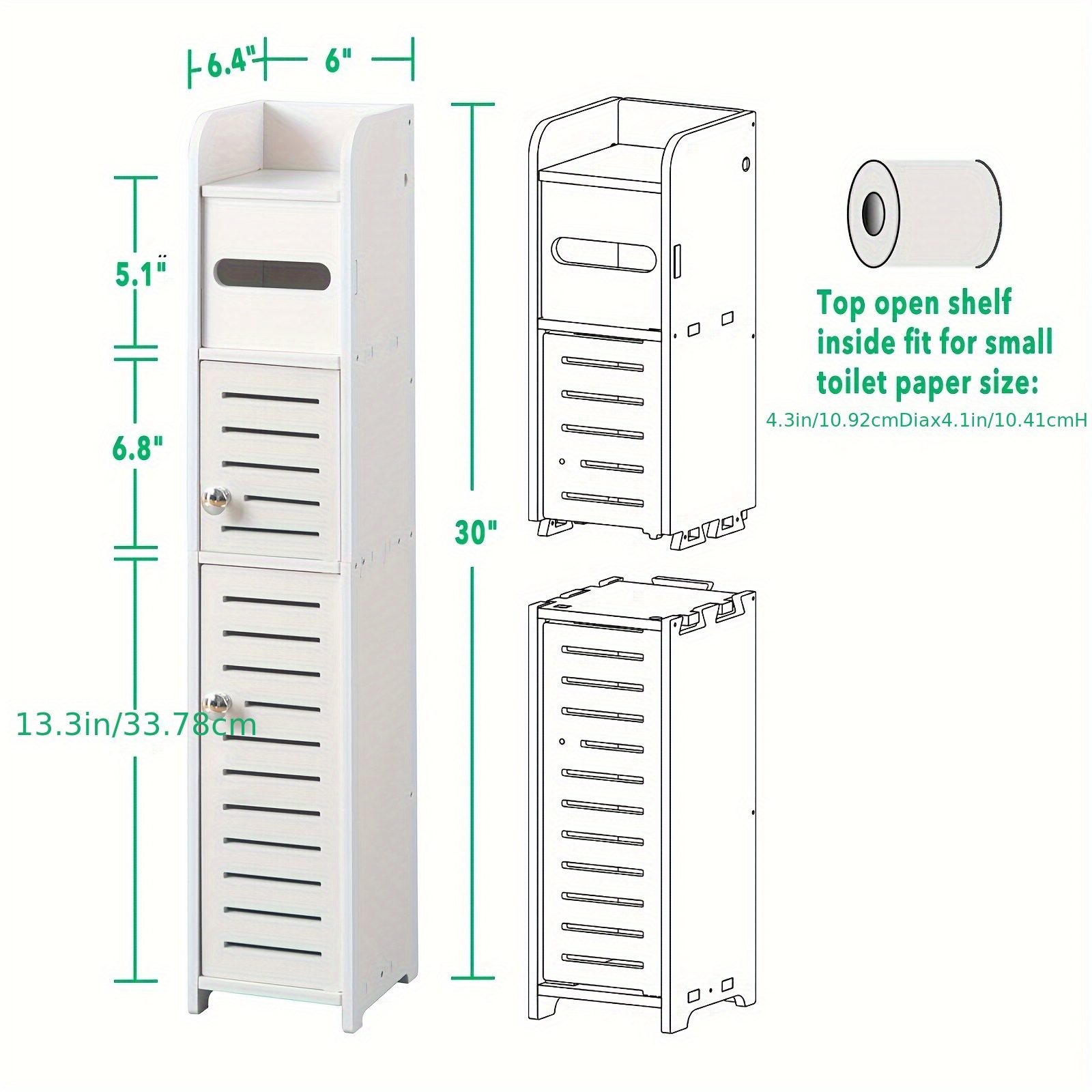 TEMU Storage Cabinet For Small Spaces, Over The Toilet Cabinet For Skinny Bathroom Storage Corner Floor, Slim Paper Cabinet With 2 Doors And Shelves