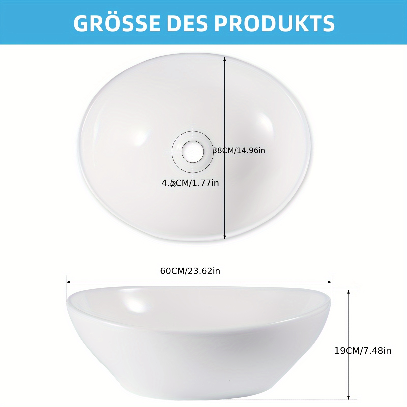 White Oval Ceramic Basin For Bathroom Countertop, Coating, Wall-mounted, For Lotus Effect, Suitable For Small Guest Toilets, Measuring 41x33x14.5cm.