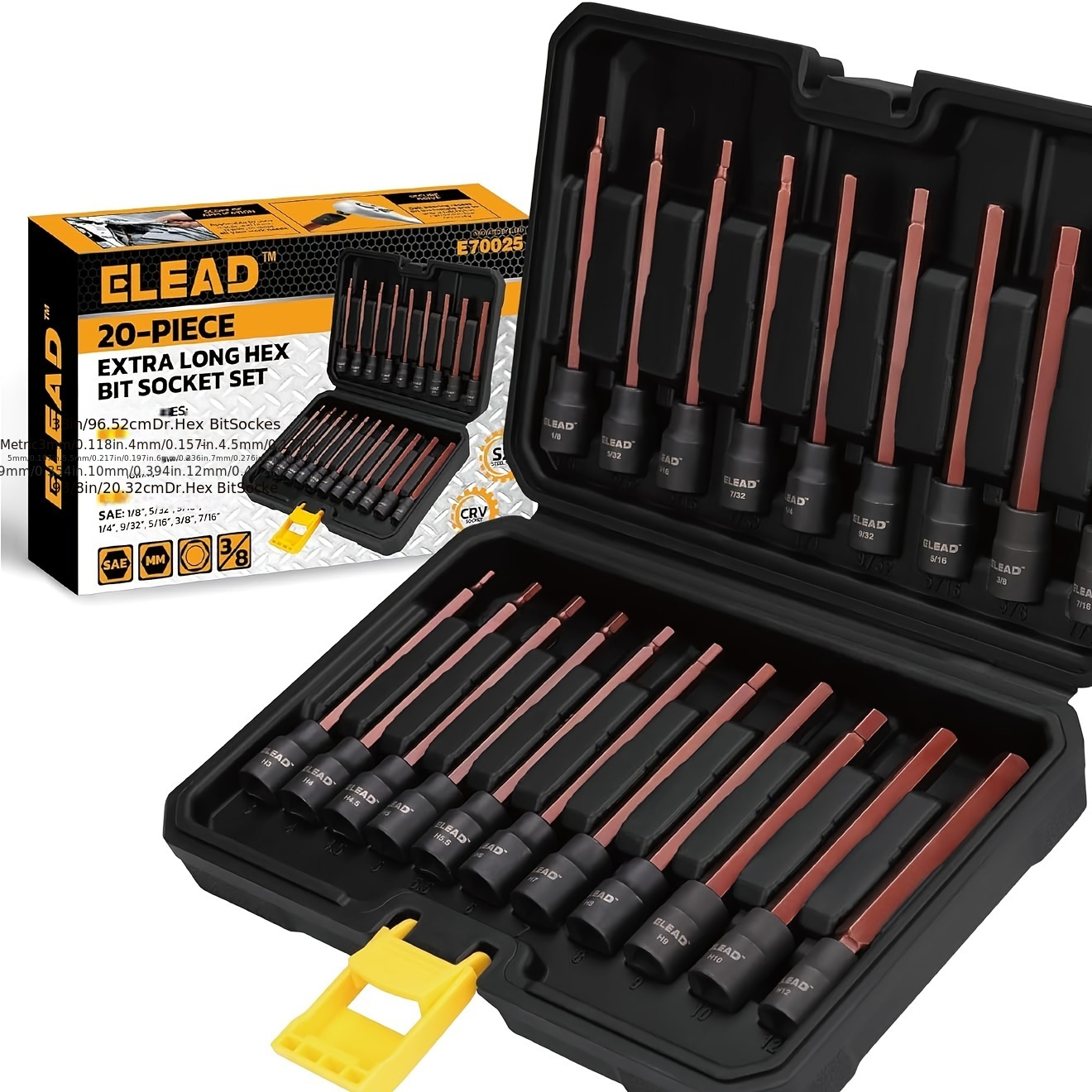 

Elead 20pcs Extra-long Allen Hex Bit Socket Set - 3/8" Drive, S2 Steel, Standard & Metric (1/8"-7/16", 3-12mm) Drills And Ratchet Wrenches