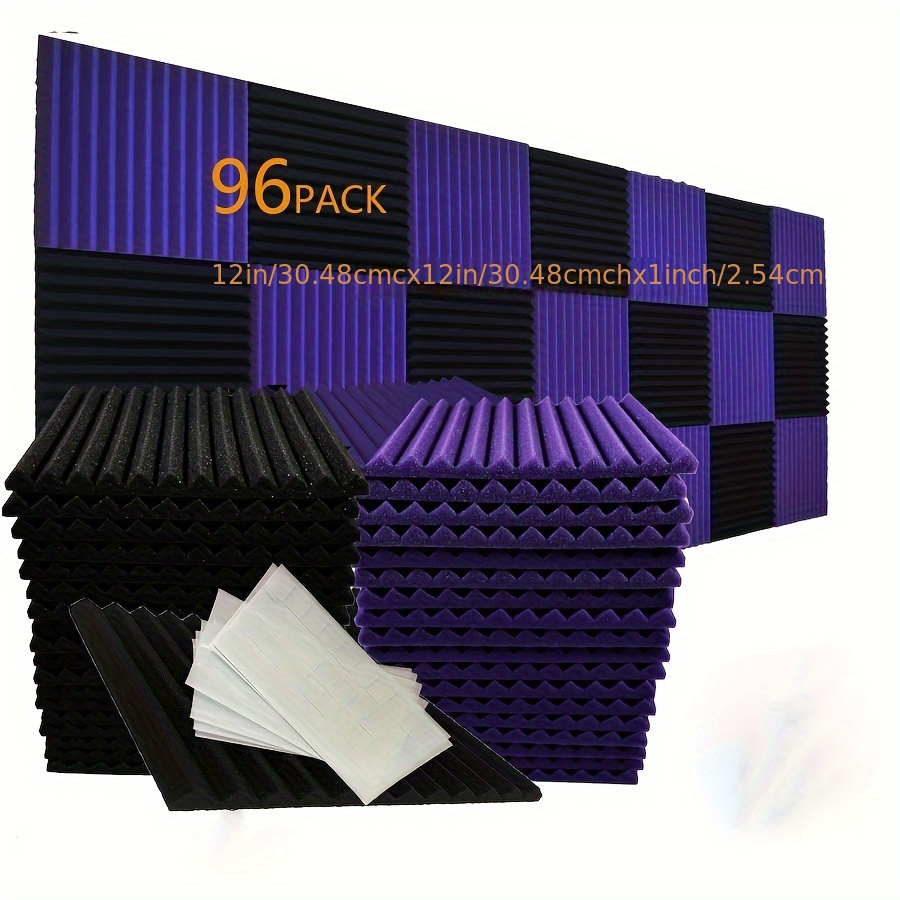 Image of 96pcs Set Black & Purple 30cm X 30cm X 2.5cm Acoustic Wedge Studio Foam Soundproofing Panels For Recording And Instrument Isolation