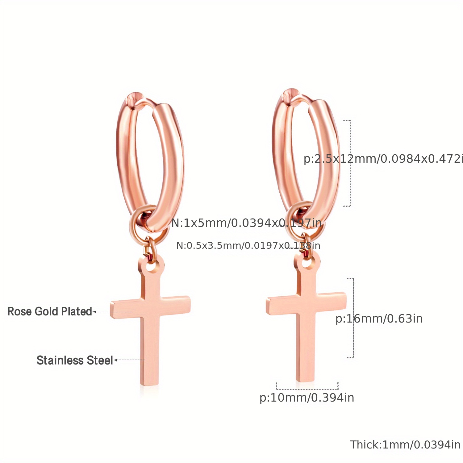 Golden Glossy Cross Decor Hoop Earrings, 18K Plated