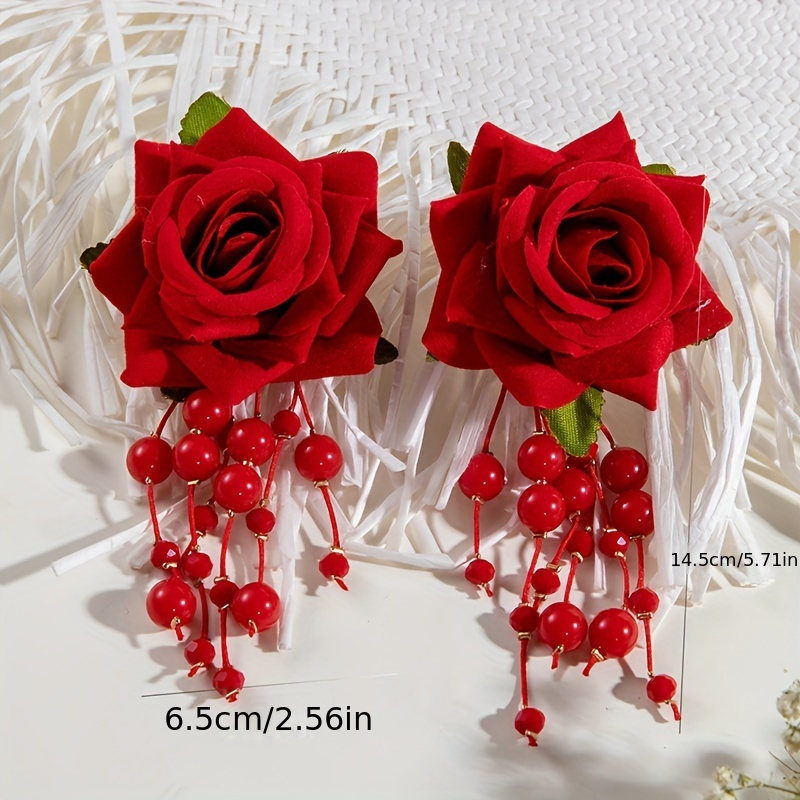 Vintage Inspired Red Rose Beaded Dangle Earrings