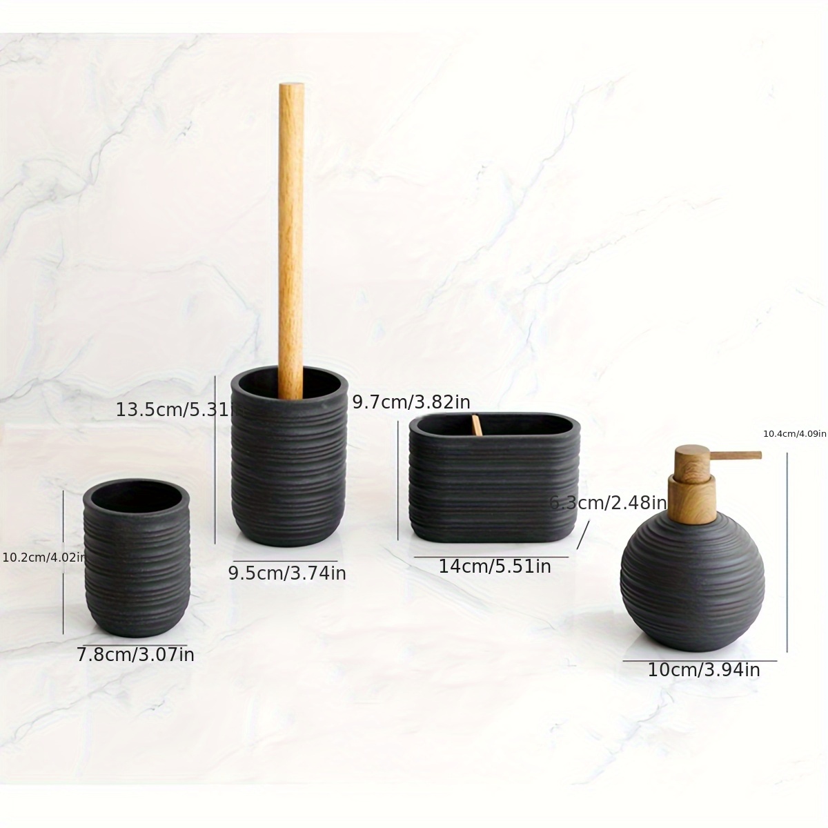 Water Transfer Print Nozzle, Beige Gravel Emulsion Bottle Mouth Cup, Toothbrush Holder, Toilet Brush with Wooden Handle, 4pcs Bathroom Set