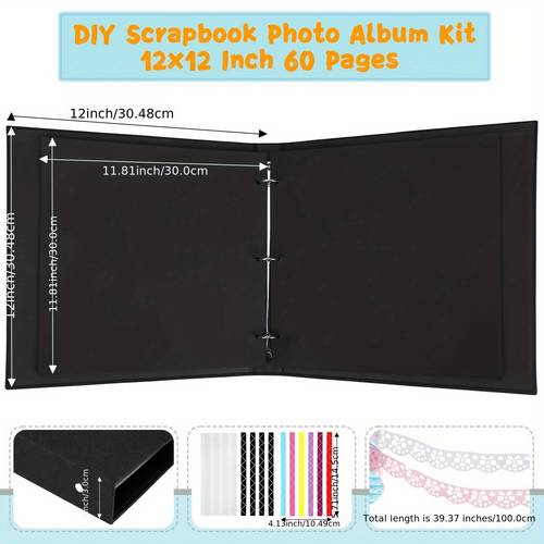 12 x 12 inch diy photo album kit 60 pages with metallic marker 3 ring removable black paper memory book for wedding couple anniversary travel craft project