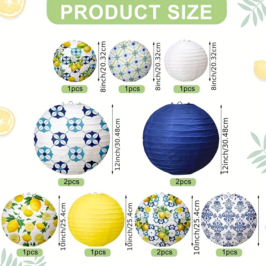 12pcs Paper Lanterns Set, Lemon Party Decorations, Spring Party Decorations, Green Pattern Baby Shower Wedding Birthday Decor