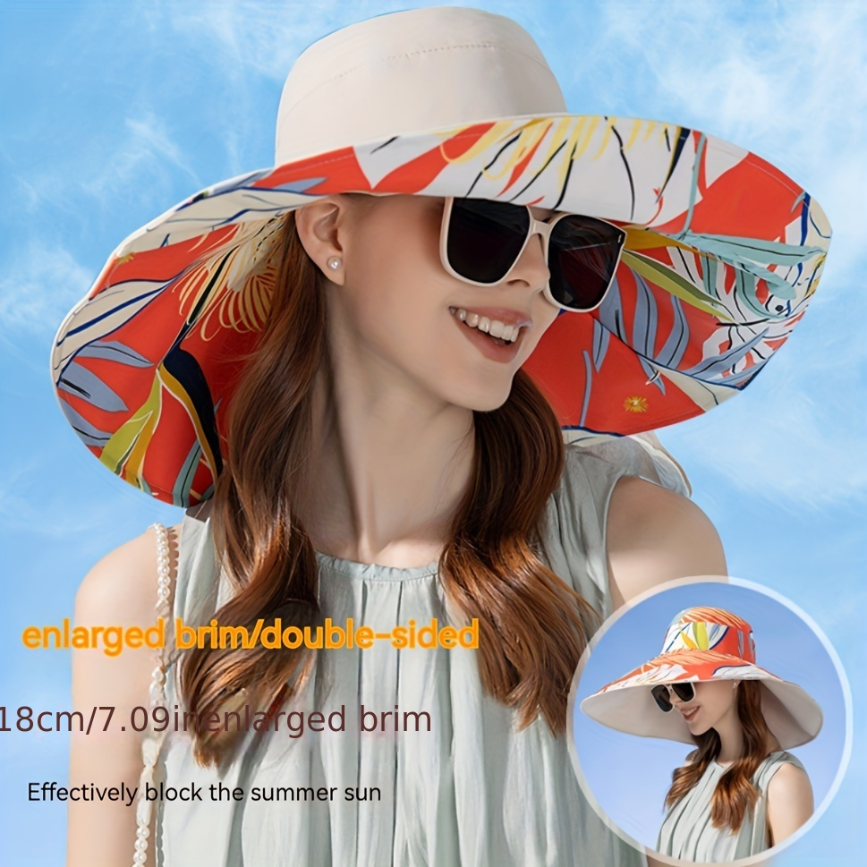 

Large Brim Reversible Bucket Hat, Trendy Floral Printed Fisherman Cap Basin Hat, Foldable Lightweight Sun Hats For Women