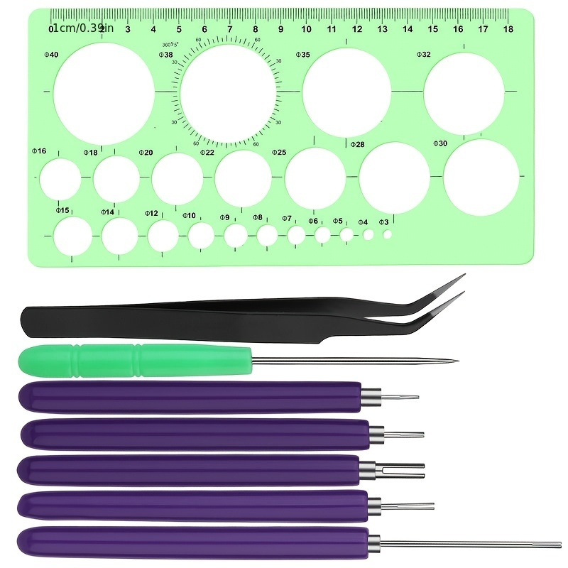 

Complete Quilling & Paper Crafting Tool Kit With Template, Round Hole Ruler, Slotted Pen, Awl, Tweezers - Ideal For Drawing And Design Projects