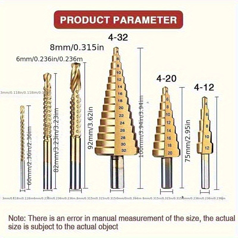 6pcs Coated Step Drill Bit Set, High Speed Reamer Saw Tooth Drill Bit Set, Step Drill Bit, 4-12/4/4-32 Mm And 3/6/8 Mm - Durable, Suitable For Metal Plates, Tiles, Glass