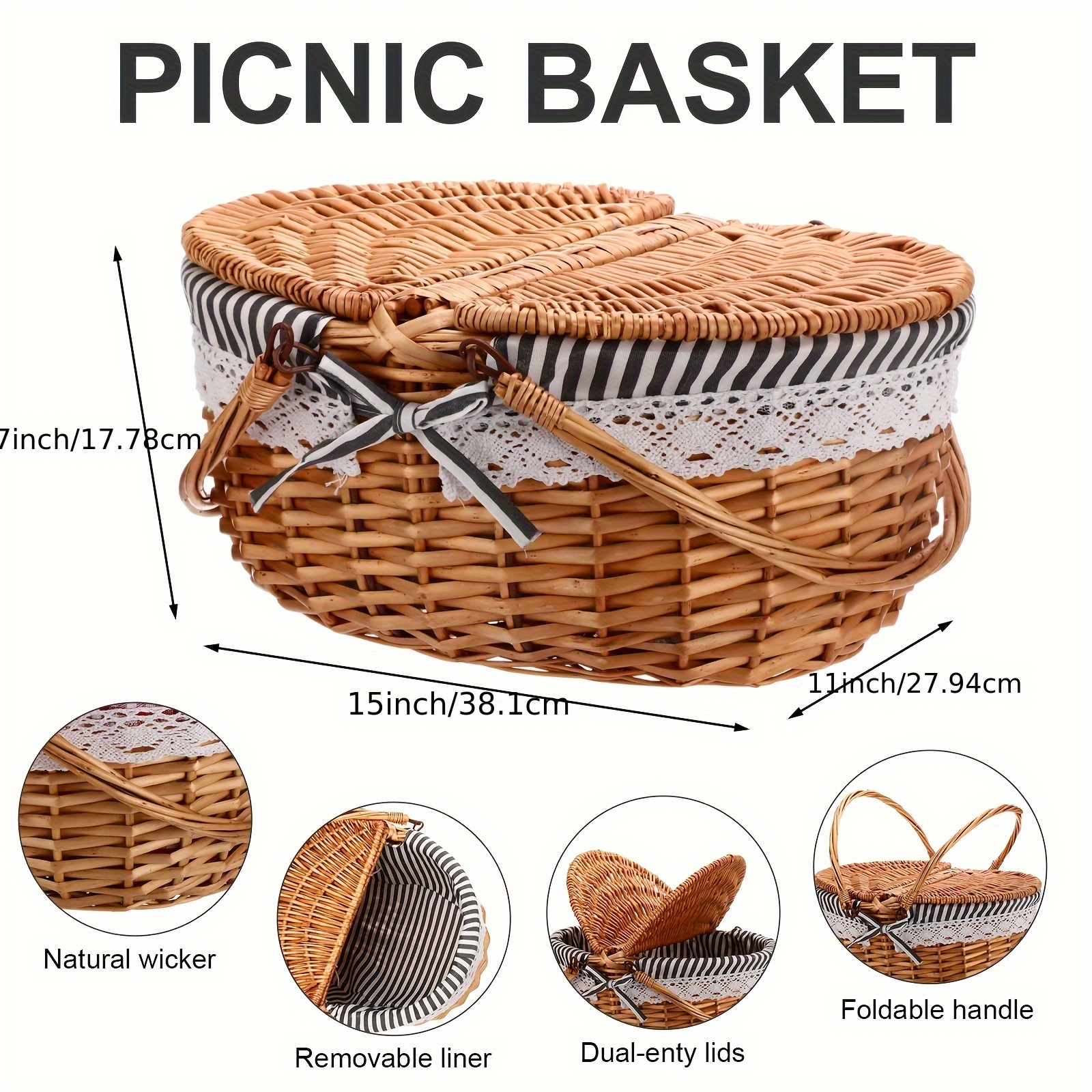 picnic basket with blankets and bamboo plates picnic supplies set basket with lid and handle wicker picnic basket sturdy woven body with washable lining for camping grey
