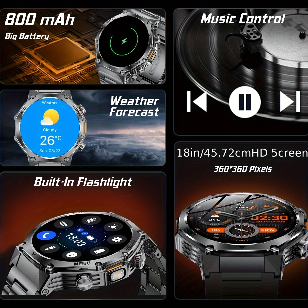 smart watch for men answer make call 1 80 inch smartwatch with 800mah batteries outdoor flashlight 100 sports activity ipx8 high quality for iphone and 2 straps Product details 6