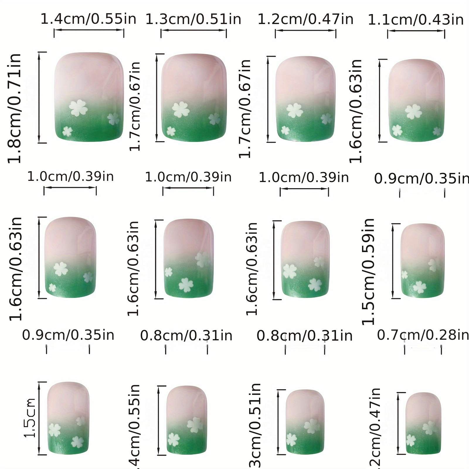 saint patricks day 24pcs glitter short square false nails spring green gradient four leaf clover design nail art tips for women details 3