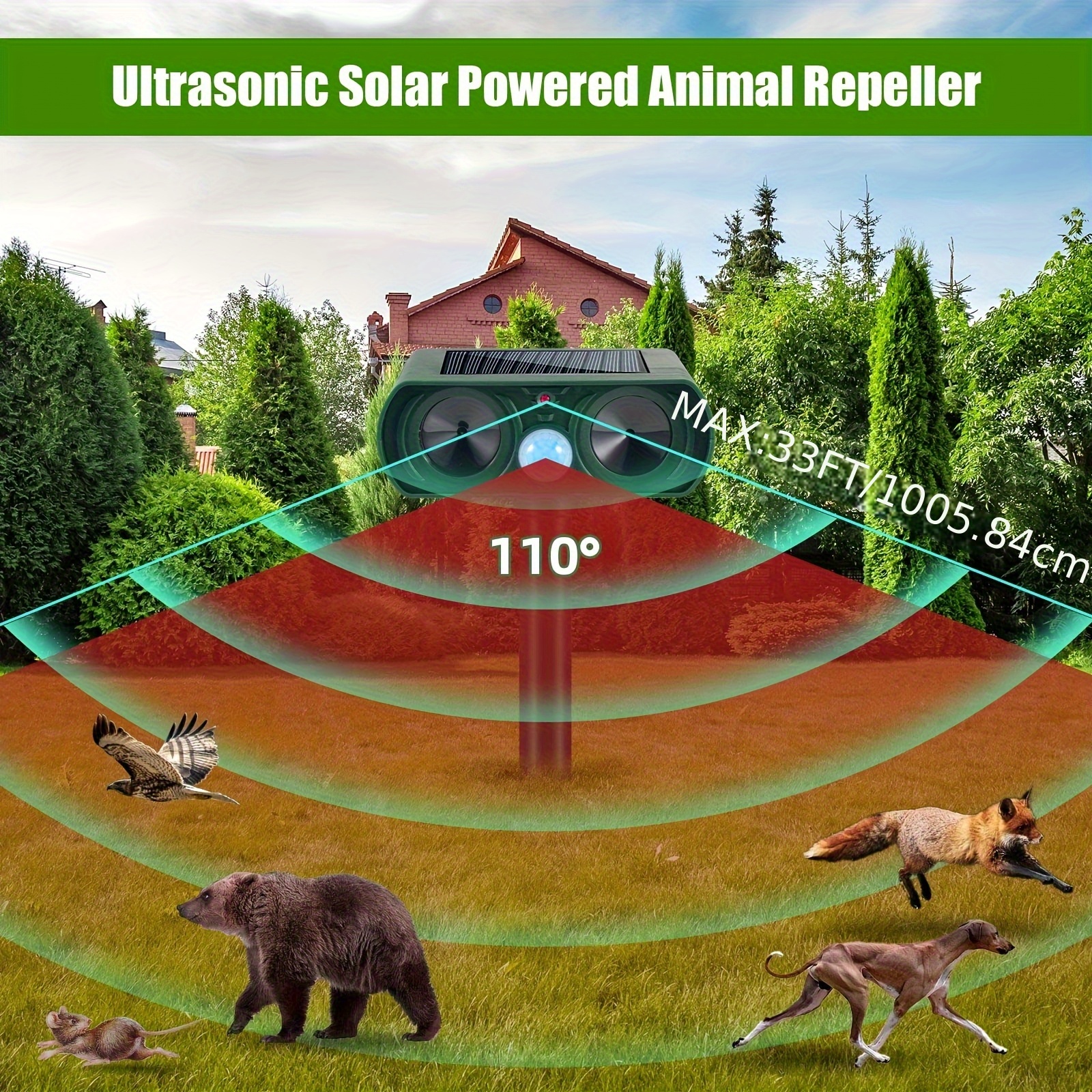 1pc solar   technology animal repellent   motion outdoor pest control for deer squirrels raccoons   birds   solar panel long range detection up to 33ft yard garden