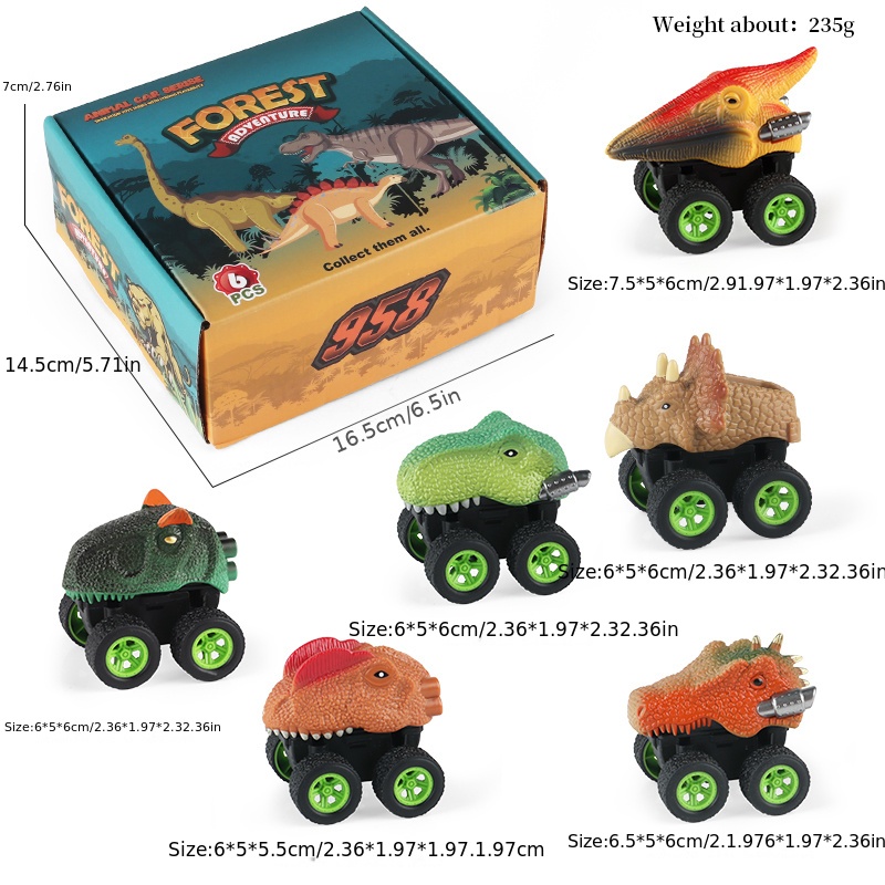  DINOBROS Coches de juguete de dinosaurio, paquete de 6