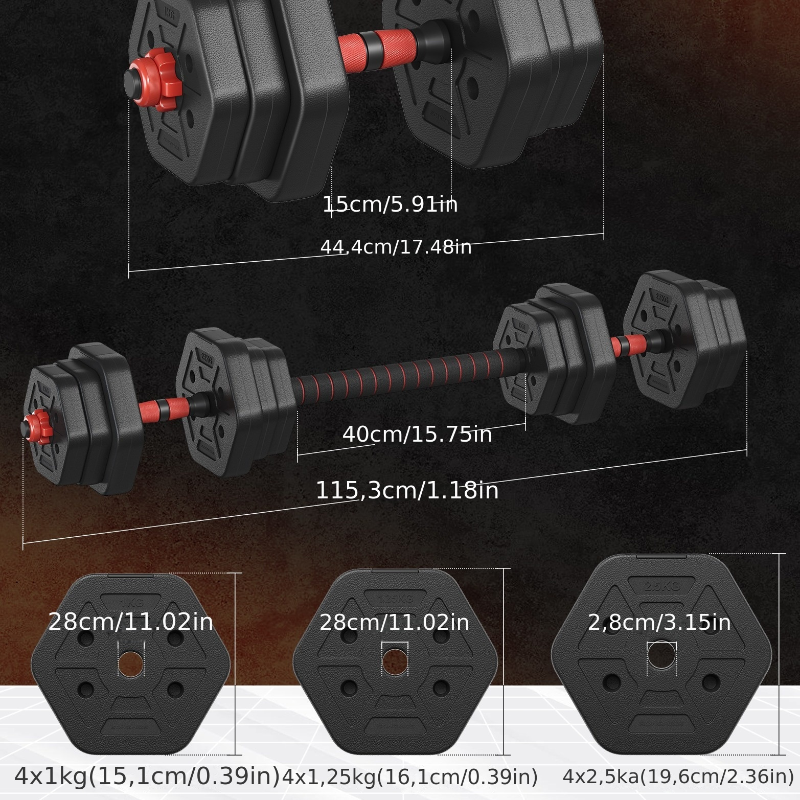 Halterset met verbindingsstang, zeshoekige halterset, 20 kg,