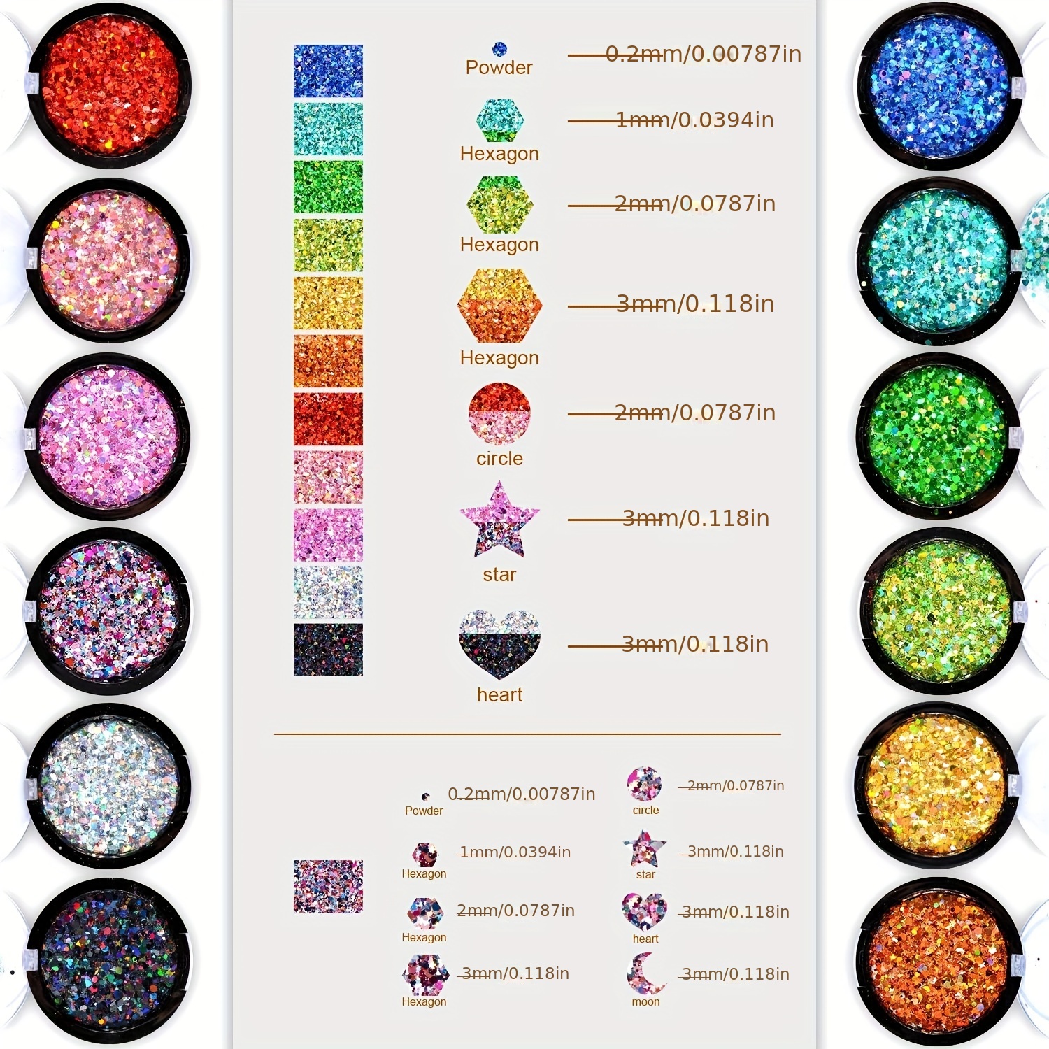 12 Colors of Holographic Chunky Glitter No Glue Attached, 12 Pots Total  120g Multi-Shaped for Body Hair Face Eyes Make-up, Nail Art and Bedazzling  in