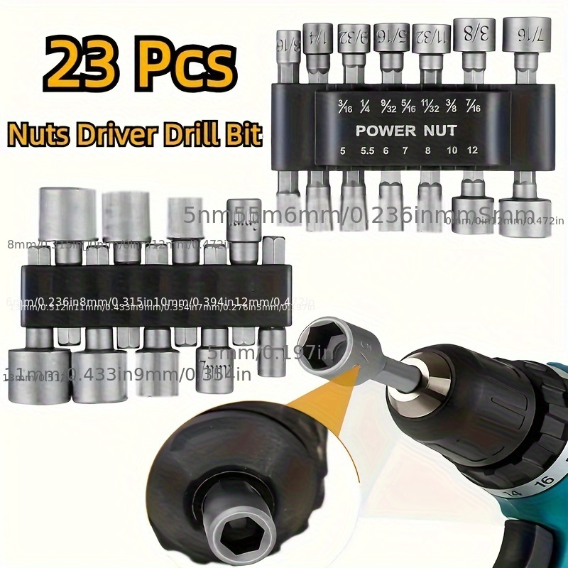 

23-piece Power Nut Driver Drill Bit Set, 1/4" Hex Shank, Crv Steel Nutdriver Socket Bits 5-13mm For Power Tools