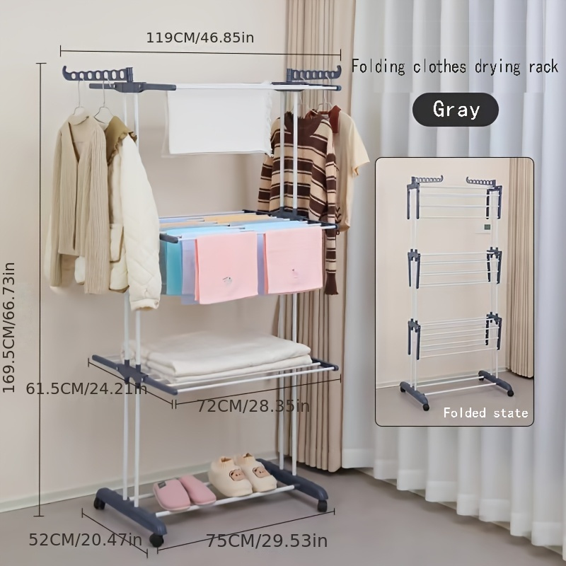 Étendoir à Linge, Grand Étendoir à Linge Pliable en Acier Inoxydable à 4 Niveaux, Étendoir à Linge Mobile, avec 4 Roulettes, 24 Tiges de Séchage et 14 Crochets pour Literie, Vêtements, Gris, Étendoirs