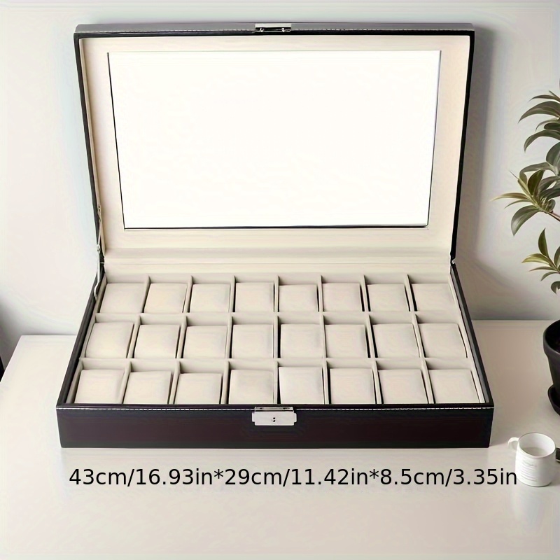     leather watch box with 12 24 slots dustproof transparent lid and soft fabric interior elegant storage for watches jewelry and accessories watch storage solution rectangular watch box hinged lid design
