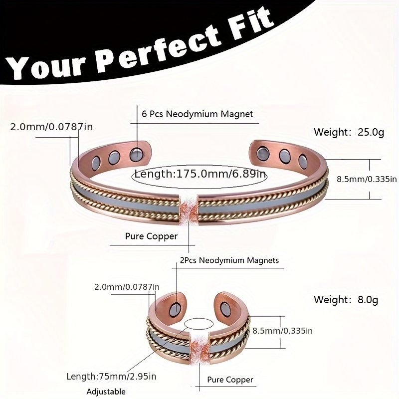 Magnetic Copper Bracelet & Ring Set Adjustable Cuff Accessories