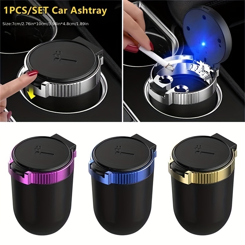 Car Ashtray with Lid Smell Proof, Smokeless Ashtray, Mini Car Trash Can,  Detachable Stainless Steel Ash Tray with Lid and LED Blue Light
