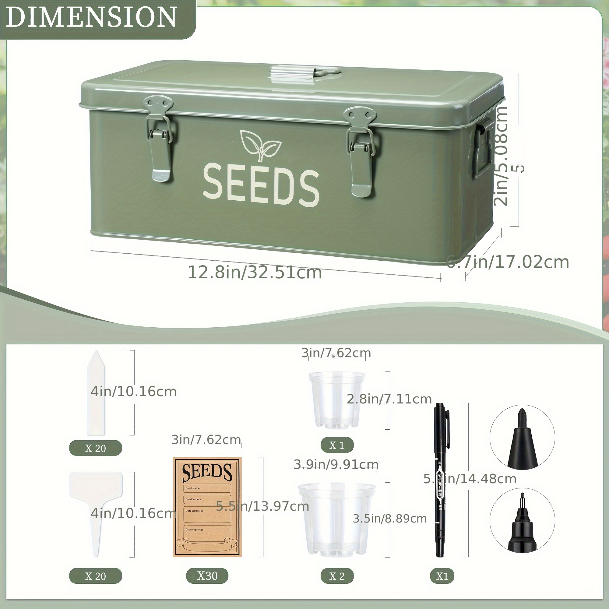 E-shop 60-Fach Samenlager-Organizer, Metall-Samenbehälter mit Deckel und Sicherheitsschlössern, Samenkasten mit 20 Samenuhren und Etiketten, 3 Fächer,