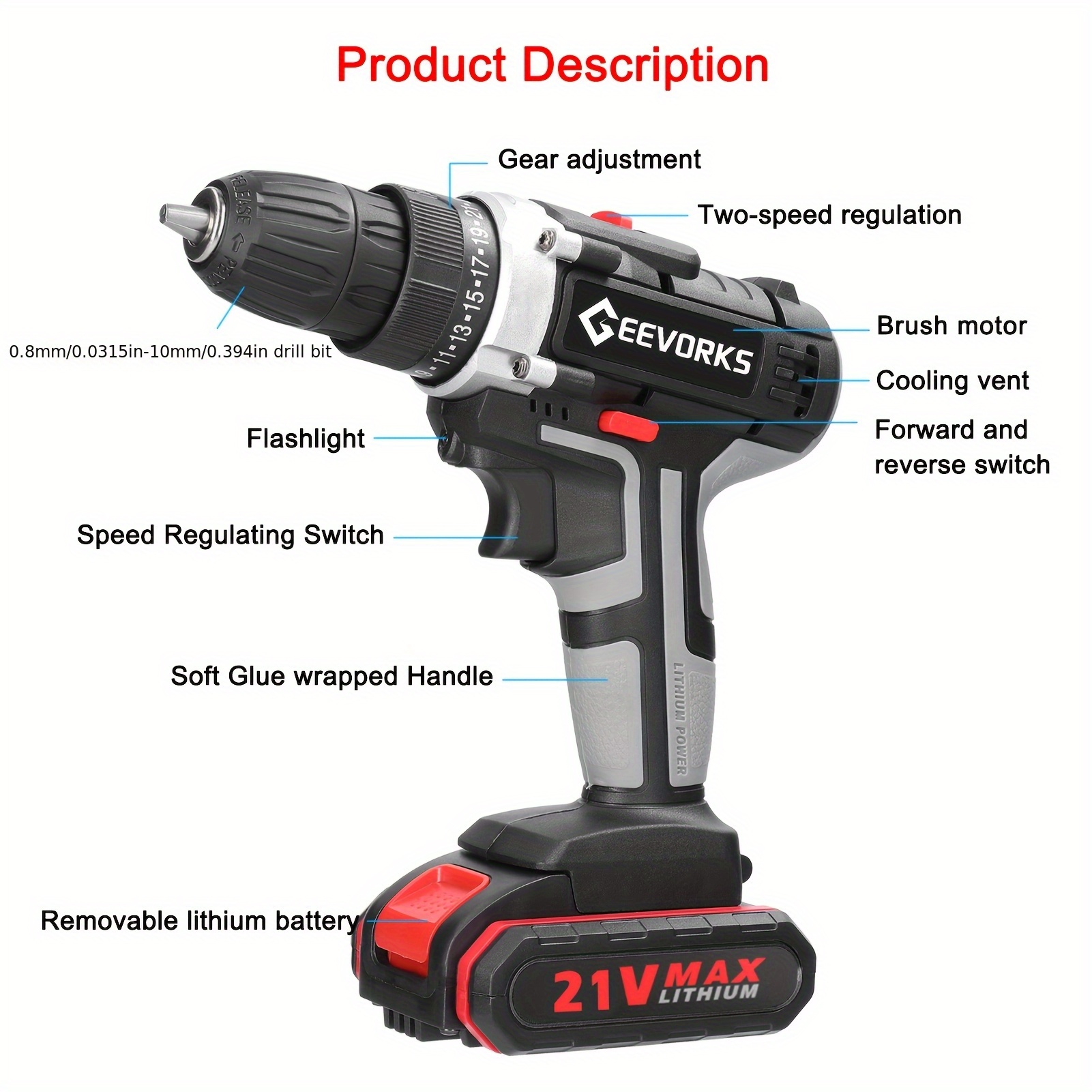 Perceuse sans fil Lixada 21V avec 2 batteries, couple de 28 N.m et 1450 tr/min, perçage électrique au lithium-ion, compacte et légère (816.47g), pour la maison, construction, atelier - Idéale pour projets professionnels et bricolage, outil robuste, design ergonomique, moteur haute performance, rénovation domiciliaire