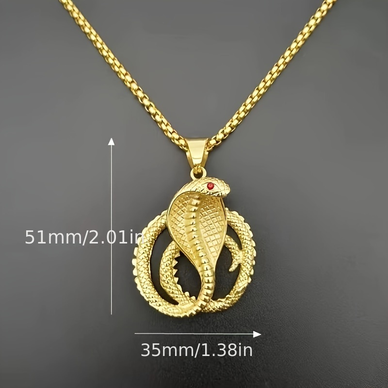 cool and handsome mens gold tone cobra pendant necklace with red eye detail antique gold plated zinc alloy hip hop style snake chain jewelry details 0
