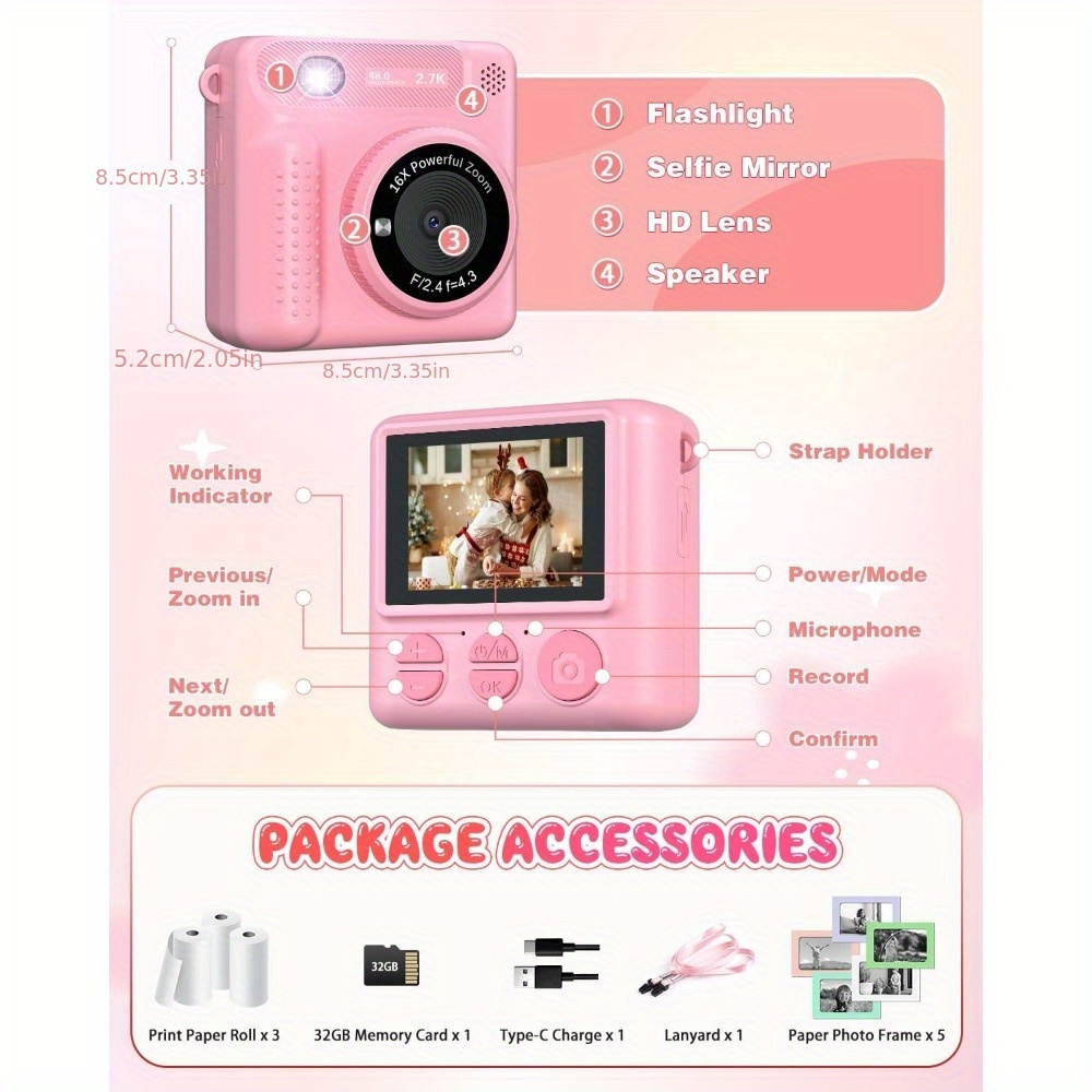 TOYOGO Appareil Photo Instantané Pour Enfants | Écran 2,4" | 1080P + 12 MP | Impression Sans Encre | Cadeau Noël Ou Anniversaire