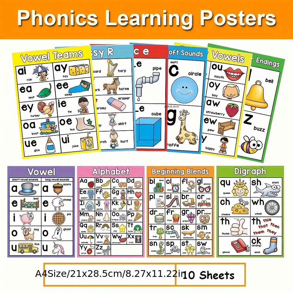 10pcs Lachilly Phonics Learning Posters - A4 Size, Colorful Visual Aids for Vowel Teams, Blends, Diagraphs & More - Ideal for English Teaching & Home Schooling, Home Schooling Supplies | Visual Learning Tools | Durable Paper Quality