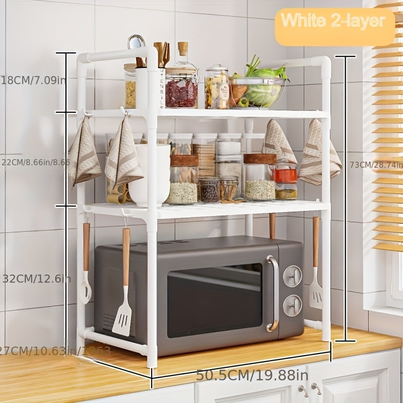 1  organizer rack open storage metal kitchen organizer rack with handles and hooks multipurpose microwave stand oven and toaster shelf   plastic and metal construction with no   details 0