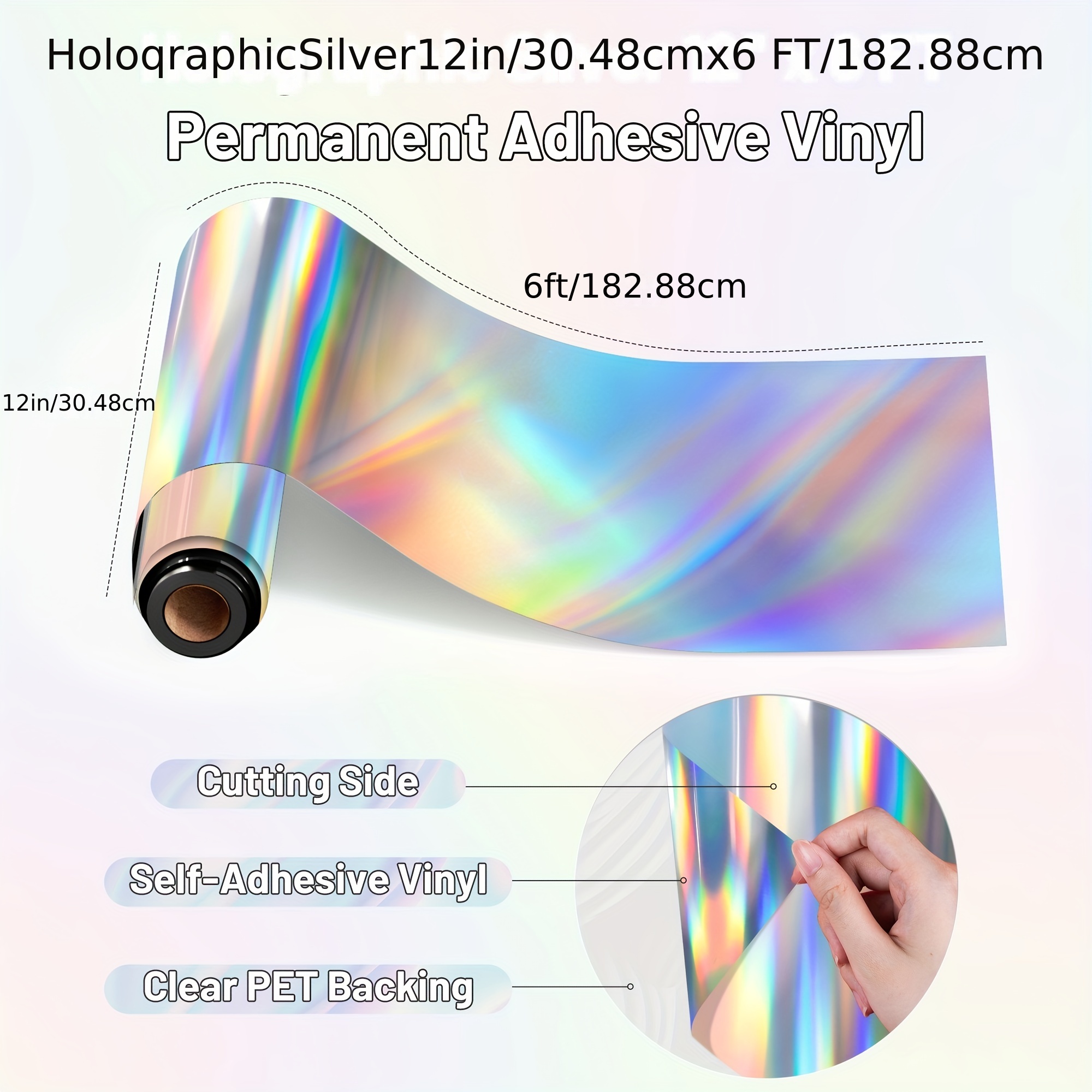 Holographic Vinyl Rainbow Glossy Silver Permanent Vinyl Adhesive Vinyl Roll  12inches X 6 Feet,Craft Vinyl Silver for Vinyl Cutter for DIY Cup