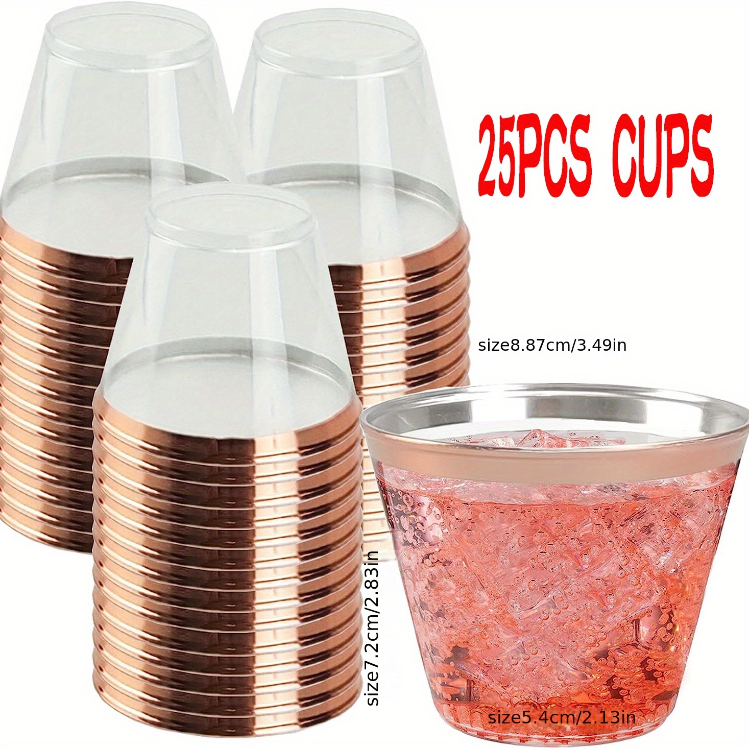 25 Pcs 8 oz. Clear with Gold Rim Disposable Plastic Party Cups