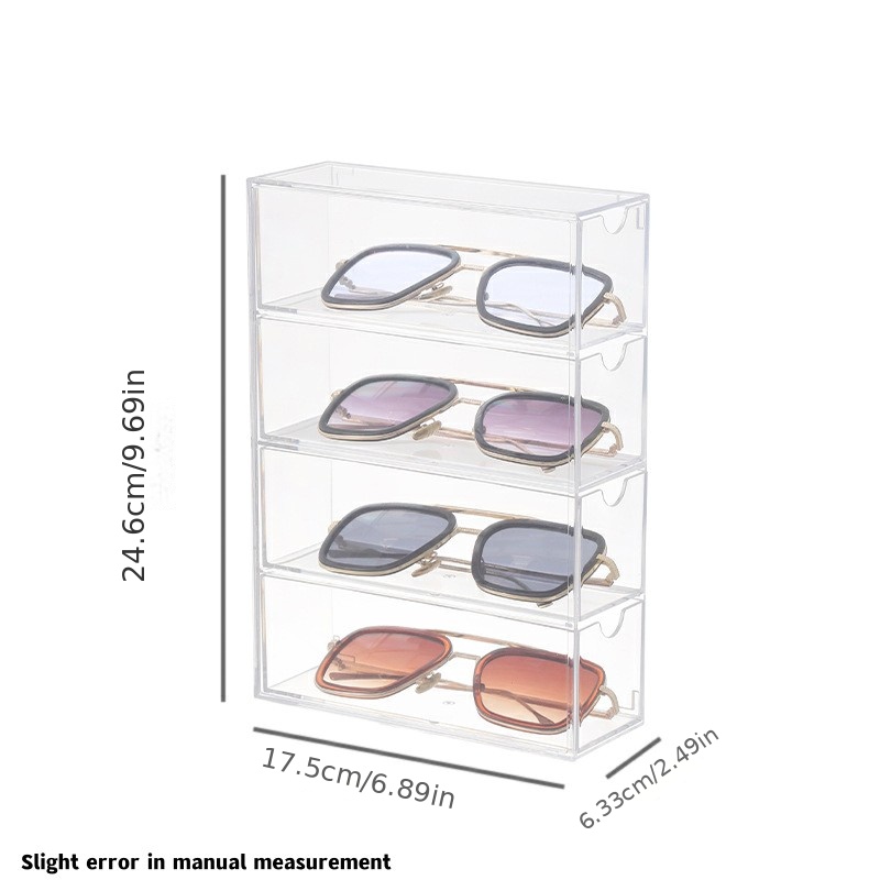Organizador de lentes de sol de acrílico con funda de 4 cajones, estuche  organizador de anteojos transparente, bandeja apilable para gafas de sol