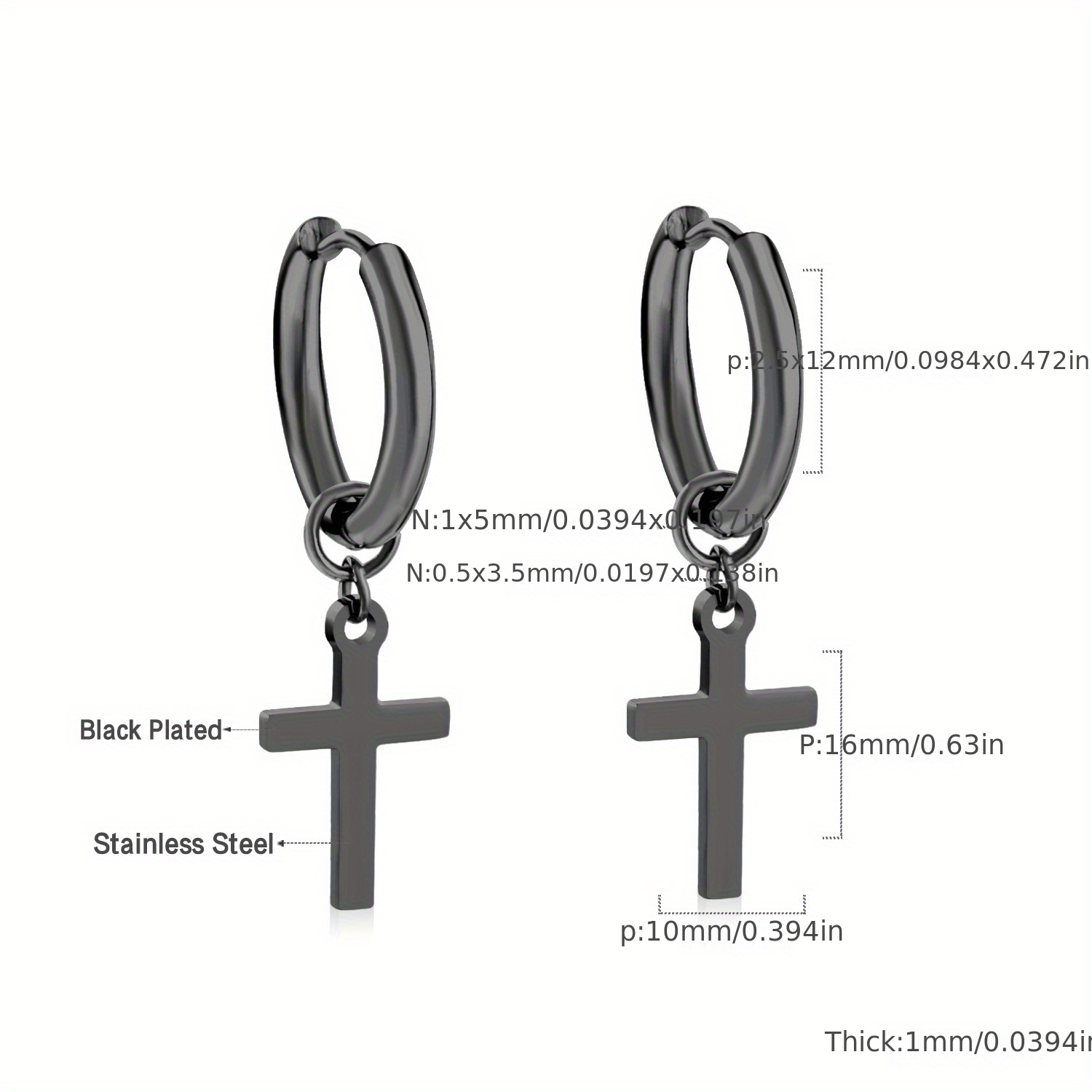 Golden Glossy Cross Decor Hoop Earrings, 18K Plated