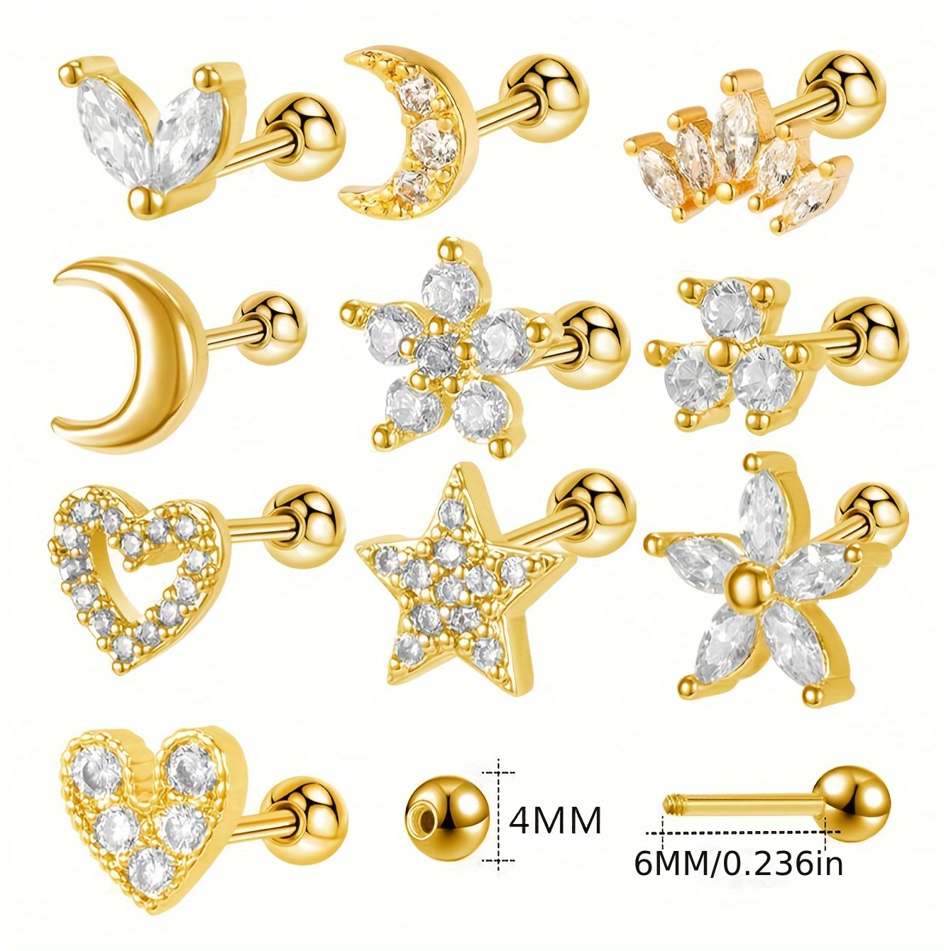 TEMU 2D - Pendientes de Cartílago CZ Pulidos 10 piezas Formas Luna Estrella Flor Dorso Tragus Helix Piercing, Joyería de Piercing Corporal de Acero