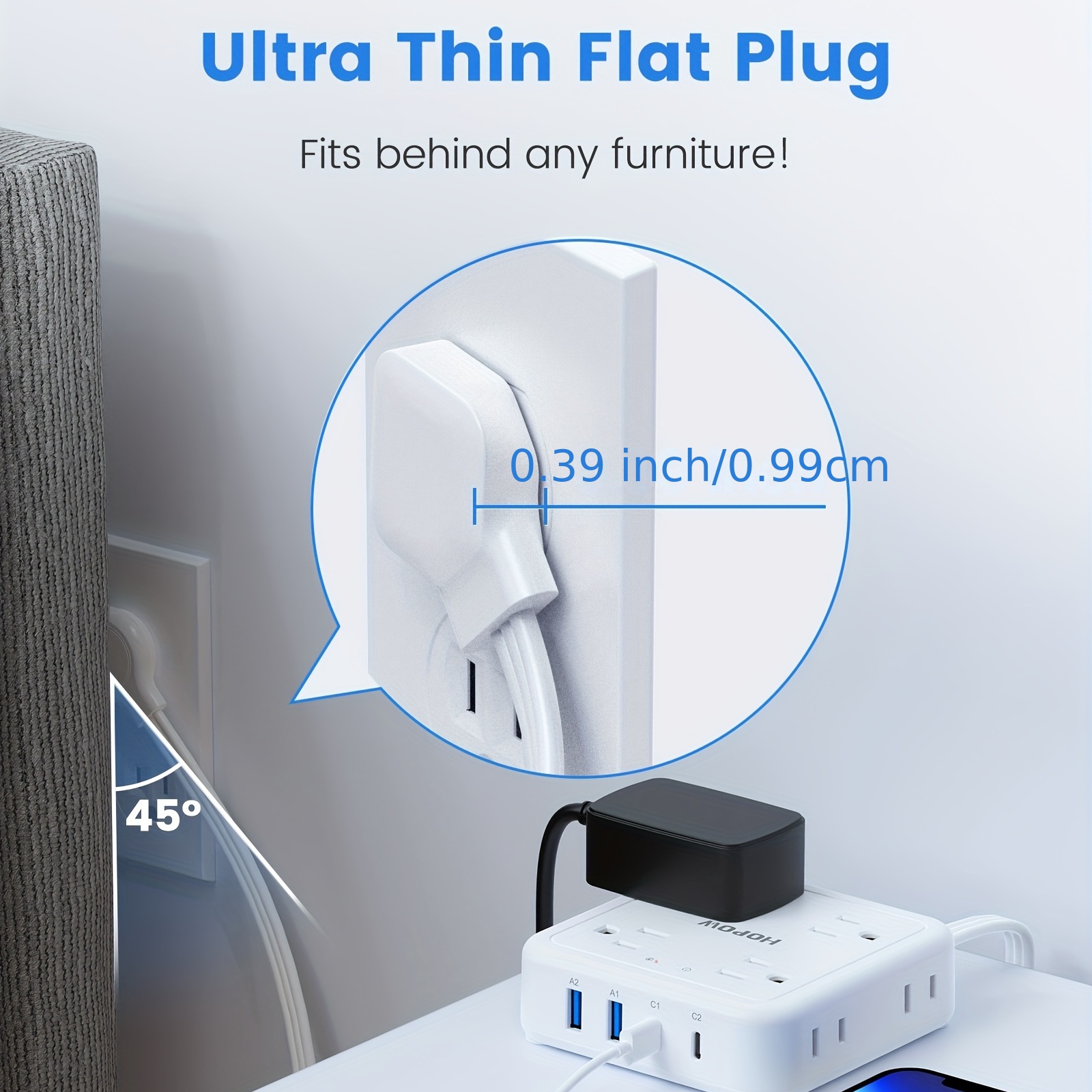 Ultra Thin Flat Extension Cord with 8 Outlets 4 USB Ports 5ft Cord