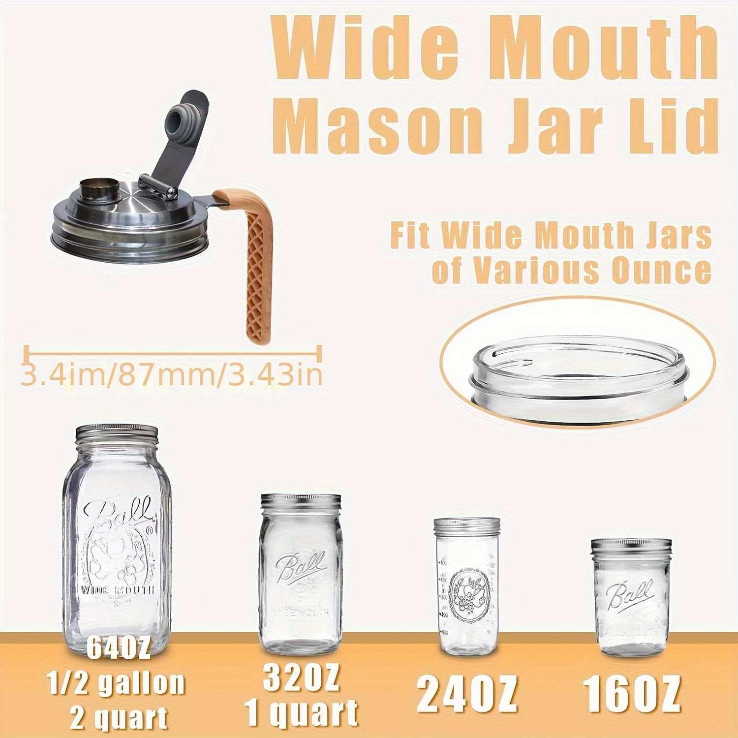 stainless steel mason jar lid with handle 86mm sealing canning lid for kitchen storage and preservation details 2